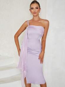 One Shoulder Draped Side Split Thigh Satin Dress
