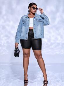SHEIN SXY Plus Flap Pocket Denim Jacket - Light Wash - View 5