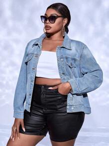 SHEIN SXY Plus Flap Pocket Denim Jacket - Light Wash - View 6