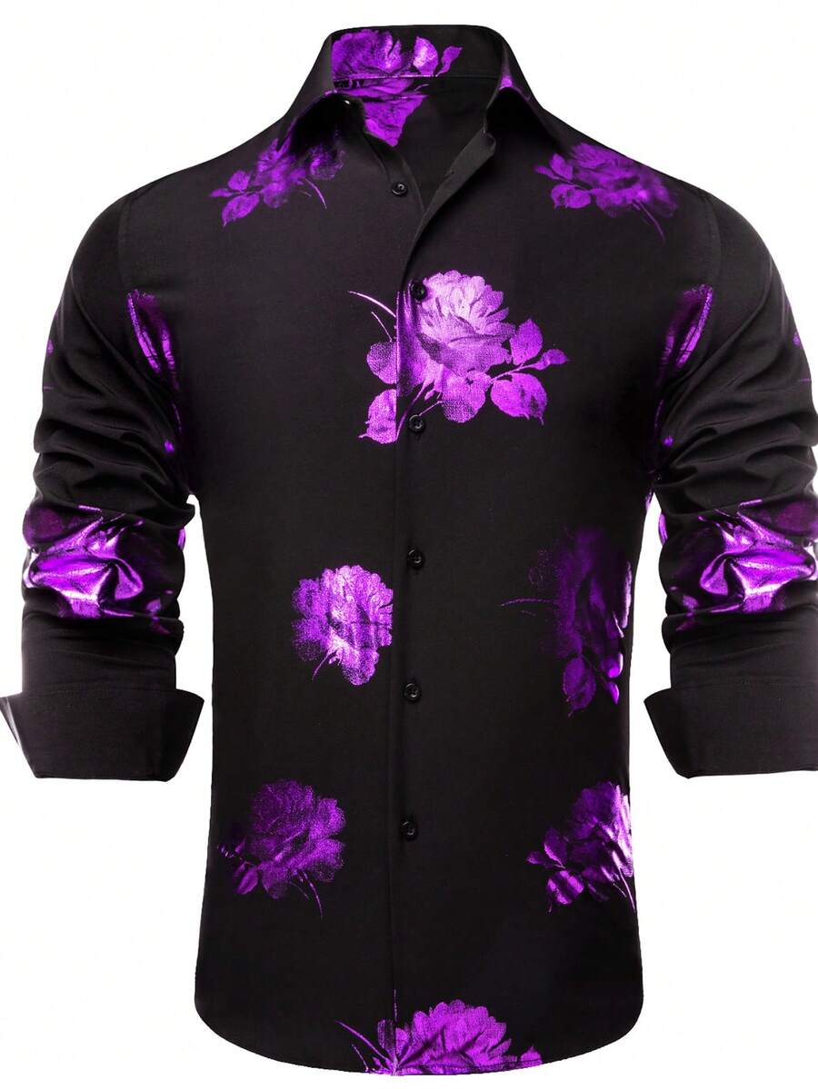 情人節男士花卉印花襯衫 - 紫色 - 查看 1