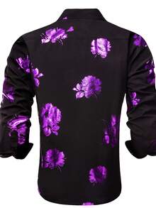 情人節男士花卉印花襯衫 - 紫色 - 查看 2