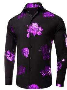 情人節男士花卉印花襯衫 - 紫色 - 查看 3