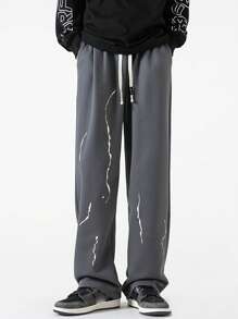 Men Graphic Print Drawstring Waist Pants - Dark Grey - View 1