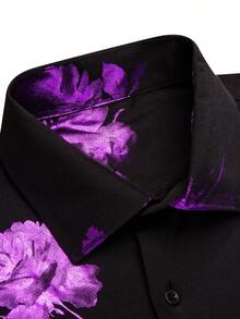情人節男士花卉印花襯衫 - 紫色 - 查看 7
