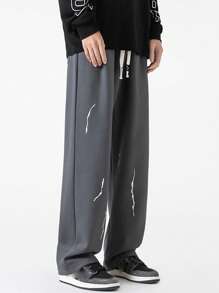 Men Graphic Print Drawstring Waist Pants - Dark Grey - View 3
