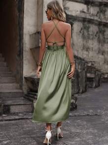 SHEIN Clasi Cut Out Tie Backless Wrap Hem Halter Dress - Green - View 2