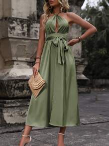 SHEIN Clasi Cut Out Tie Backless Wrap Hem Halter Dress - Green - View 4