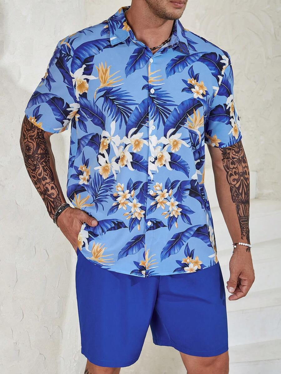Manfinity RSRT Men Plus Tropical Print Shirt & Shorts - Blue - View 1