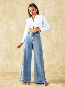 Selenza Solid Wide Leg Jeans - Light Wash - View 6