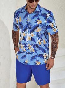 Manfinity RSRT Men Plus Tropical Print Shirt & Shorts - Blue - View 3