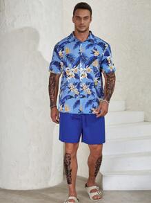 Manfinity RSRT Men Plus Tropical Print Shirt & Shorts - Blue - View 5