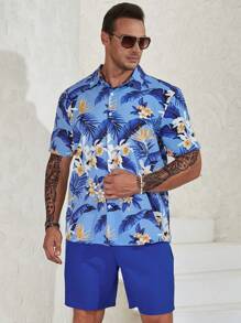 Manfinity RSRT Men Plus Tropical Print Shirt & Shorts - Blue - View 6