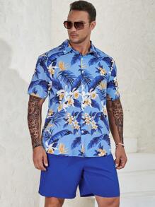 Manfinity RSRT Men Plus Tropical Print Shirt & Shorts - Blue - View 7