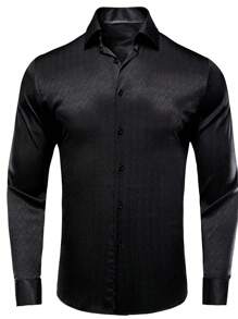 Men's Fashionable Versatile Solid Color Button-Down Shirt - Black - View 4