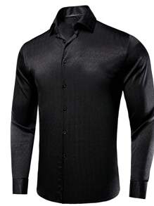 Men's Fashionable Versatile Solid Color Button-Down Shirt - Black - View 6