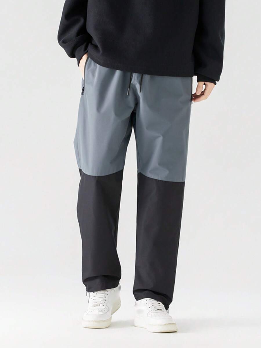 男士撞色腰部抽繩拉鍊下擺長褲 - 黑色 - 查看 1