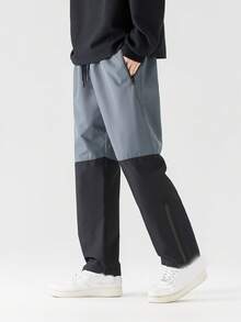 男士撞色腰部抽繩拉鍊下擺長褲 - 黑色 - 查看 3