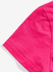 SHEIN Camiseta De Manga Corta Casual Con Estampado De Dibujos Animados Para Niñas Jóvenes, Adecuada Para El Verano - Rosa Fucsia - Ver 4