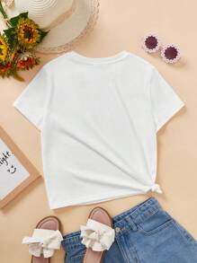 SHEIN Leap Crew ModeFlare Wear Tween 女童纯色圆领短袖针织休闲 T 恤 - 白色 - 查看 2