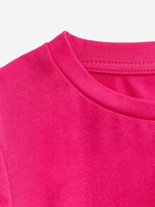SHEIN Camiseta De Manga Corta Casual Con Estampado De Dibujos Animados Para Niñas Jóvenes, Adecuada Para El Verano - Rosa Fucsia - Ver 3
