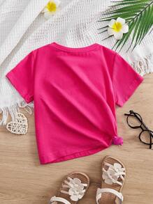 SHEIN Camiseta De Manga Corta Casual Con Estampado De Dibujos Animados Para Niñas Jóvenes, Adecuada Para El Verano - Rosa Fucsia - Ver 2