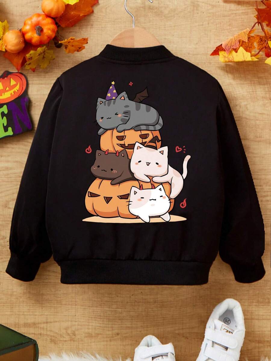 SHEIN Young Girl Cartoon Graphic Bomber Jacket Without Cami Top,In Fall/Winter