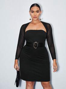 BizChic Plus Contrast Mesh Sleeve Dress Without Belt - Black - View 1