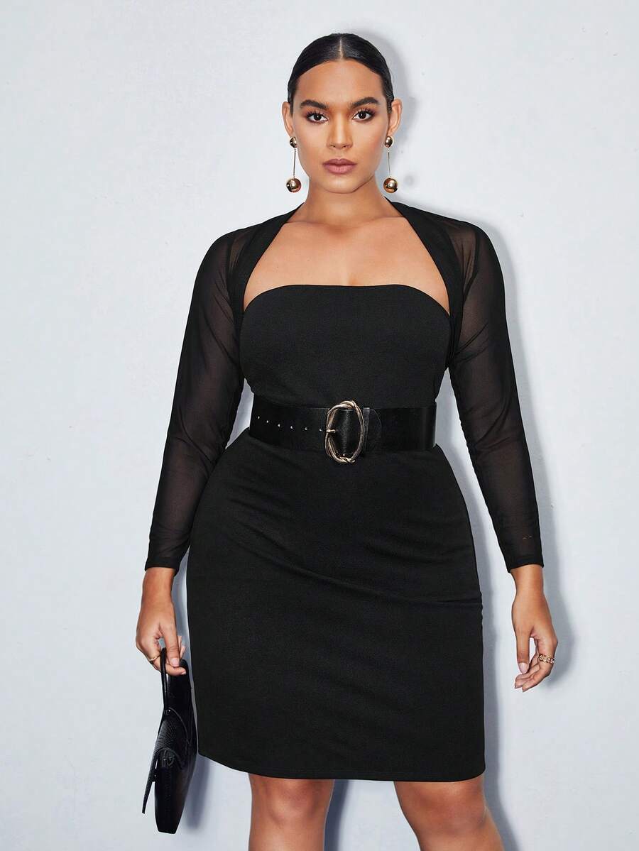 BizChic Plus Contrast Mesh Sleeve Dress Without Belt - Black - View 1