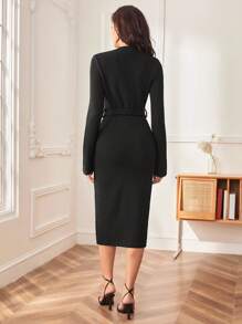 BizChic Solid Belted Bodycon Dress - Black - View 2