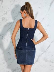 SHEIN BAE Cổ vuông Thắt lưng Váy bodycon Denim - Rửa tối - Xem 2