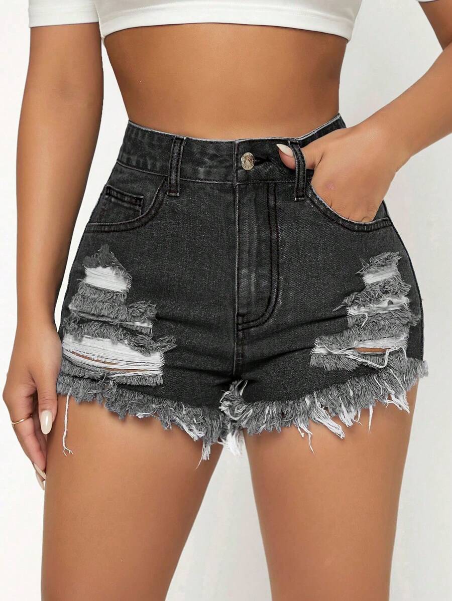 SHEIN PETITE 破洞毛邊牛仔短褲 - 黑色 - 查看 1
