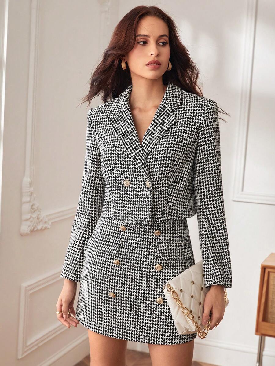 BizChic Houndstooth Print Double Breasted Blazer - Black and White - View 1
