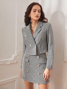 BizChic Houndstooth Print Double Breasted Blazer - Black and White - View 8
