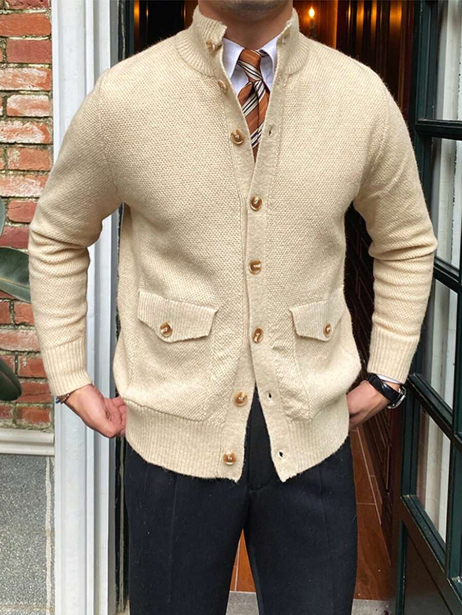 Men Flap Pocket Cardigan - Apricot - View 1