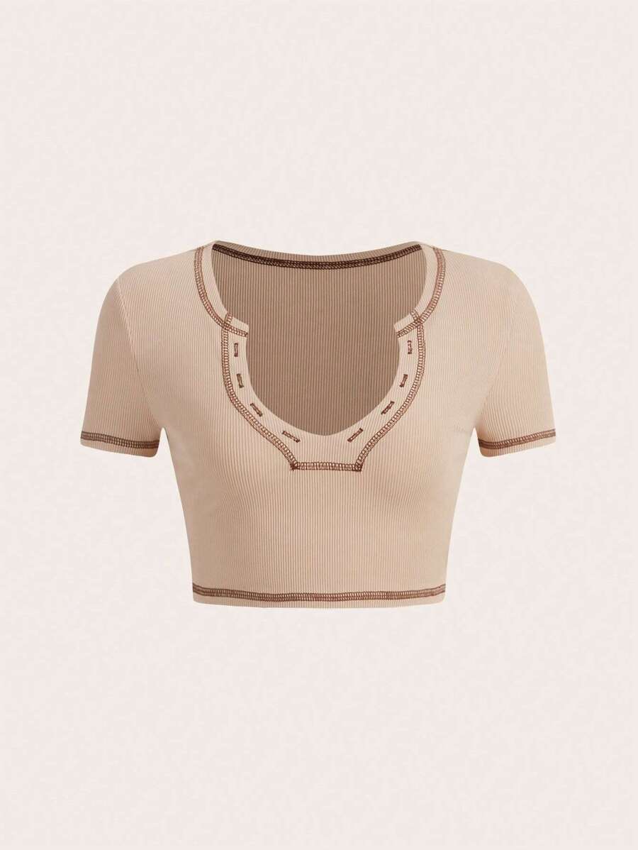 SHEIN ICON 加大对比色针脚缺口领 T 恤 - 卡其色 - 查看 1