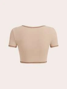 SHEIN ICON 加大对比色针脚缺口领 T 恤 - 卡其色 - 查看 2