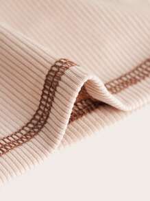 SHEIN ICON 加大对比色针脚缺口领 T 恤 - 卡其色 - 查看 3