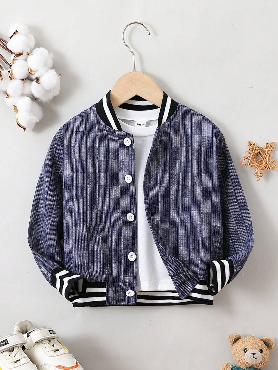 SHEIN Chàng trai trẻ In kẻ sọc Sọc trang trí Áo khoác Đại học - Màu xanh hải quân - Xem 1