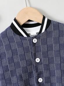 SHEIN Chàng trai trẻ In kẻ sọc Sọc trang trí Áo khoác Đại học - Màu xanh hải quân - Xem 5