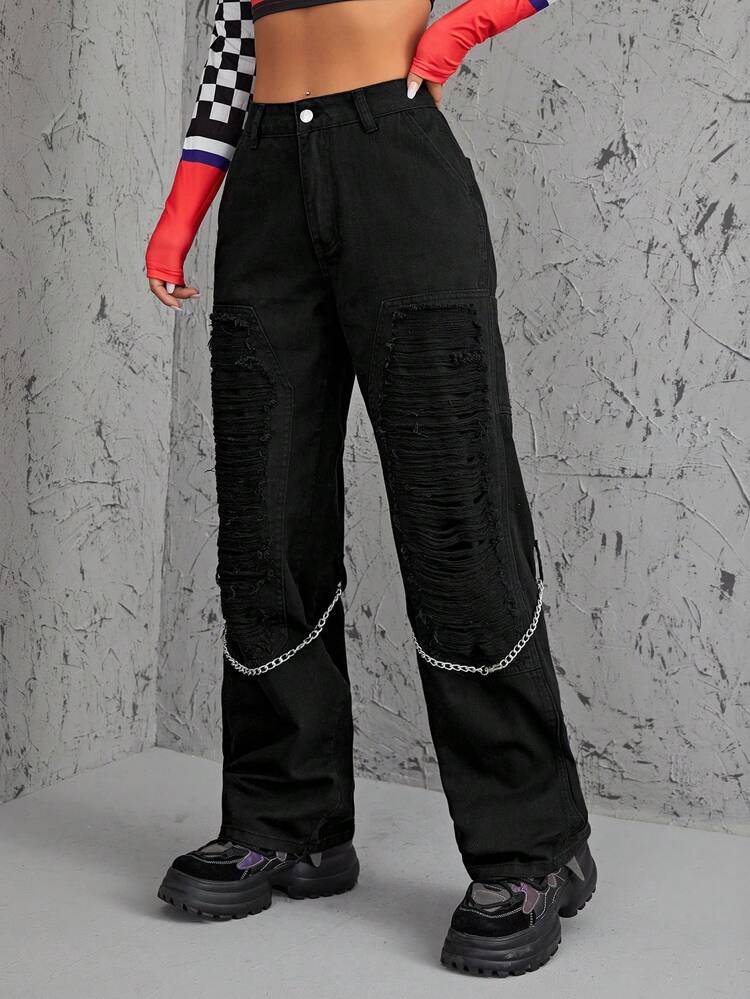 High Waist Ripped Wide Leg Jeans