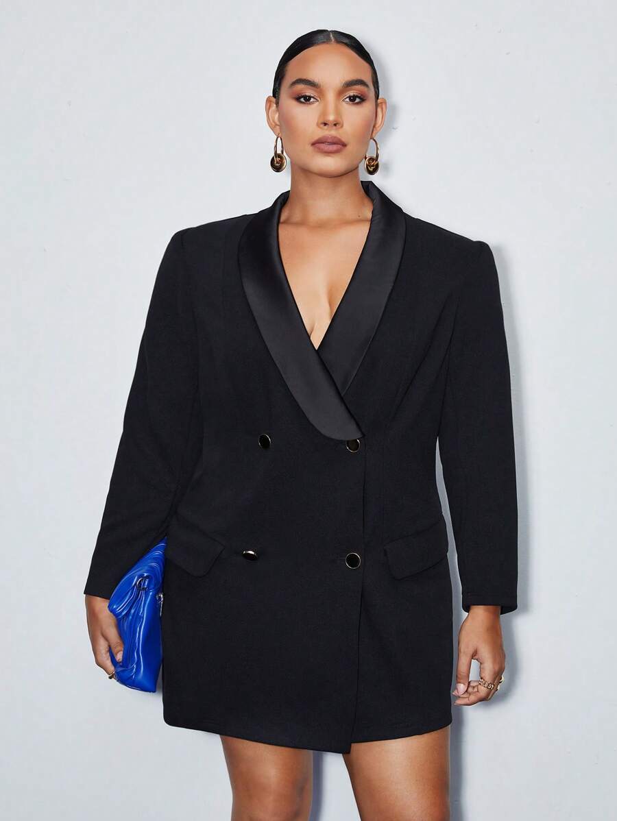 BizChic Plus Shawl Collar Double Breasted Blazer Dress - Black - View 1