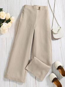 Tween Girl Button Detail Wide Leg Trousers - Khaki - View 2