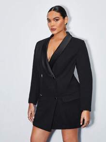 BizChic Plus Shawl Collar Double Breasted Blazer Dress - Black - View 4