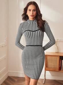 BizChic 千鳥格圖案小高領緊身毛衣洋裝不附腰帶 - 黑與白 - 查看 4