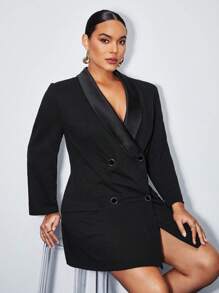 BizChic Plus Shawl Collar Double Breasted Blazer Dress - Black - View 7
