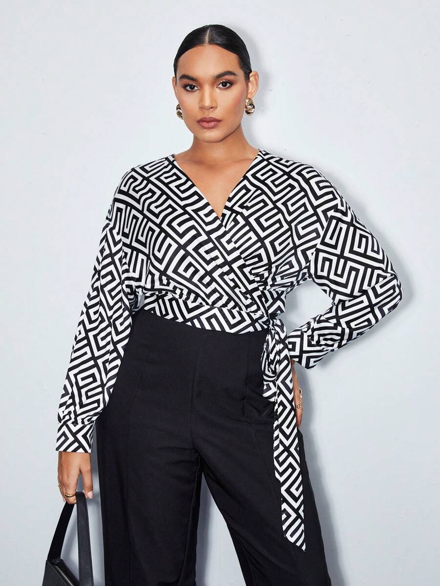 BizChic Plus Geo Print Knot Side Wrap Blouse - Black and White - View 1