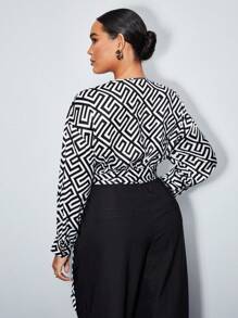 BizChic Plus Geo Print Knot Side Wrap Blouse - Black and White - View 2