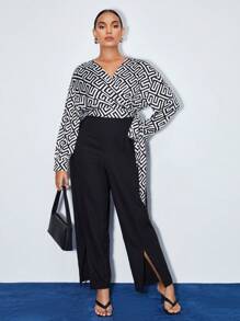 BizChic Plus Geo Print Knot Side Wrap Blouse - Black and White - View 3