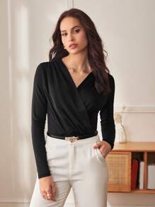 BizChic 1 pieza Body de color negro liso con cuello oblicuo para mujer, body de ajuste ceñido de manga larga para otoño - Negro - Ver 8