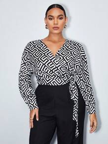 BizChic Plus Geo Print Knot Side Wrap Blouse - Black and White - View 4